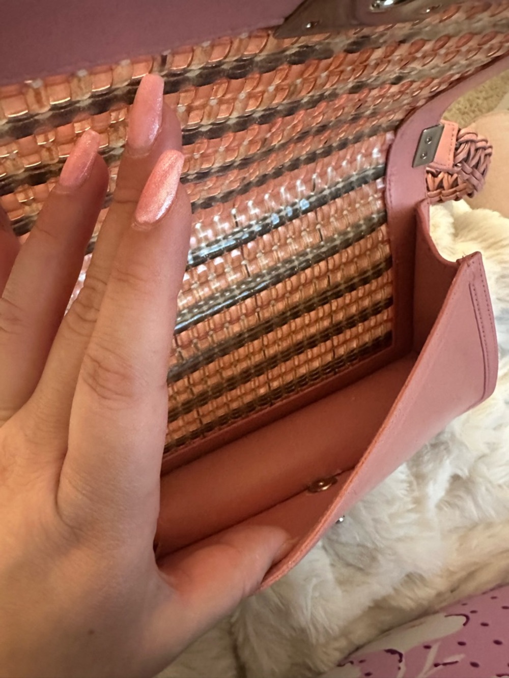 CHANEL Boy Flap Bag Pink Woven Panel Braided Handle Rare Seasonal - Picture 5 of 5